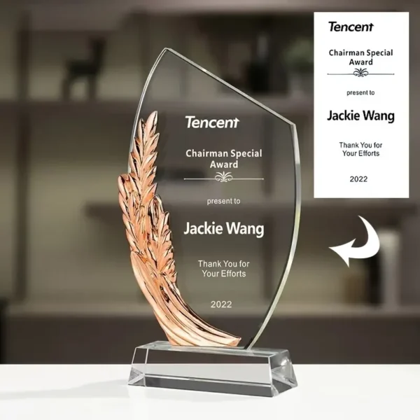 Custom Engraved Glass Trophy – Personalized Crystal Award with Golden Wheat Design - Image 2