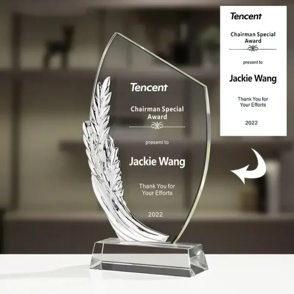 Custom Engraved Glass Trophy – Personalized Crystal Award with Golden Wheat Design